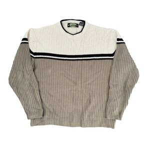 Vintage White Stag Mens Large Striped Ribbed Knit Sweater Beige White V-Neck